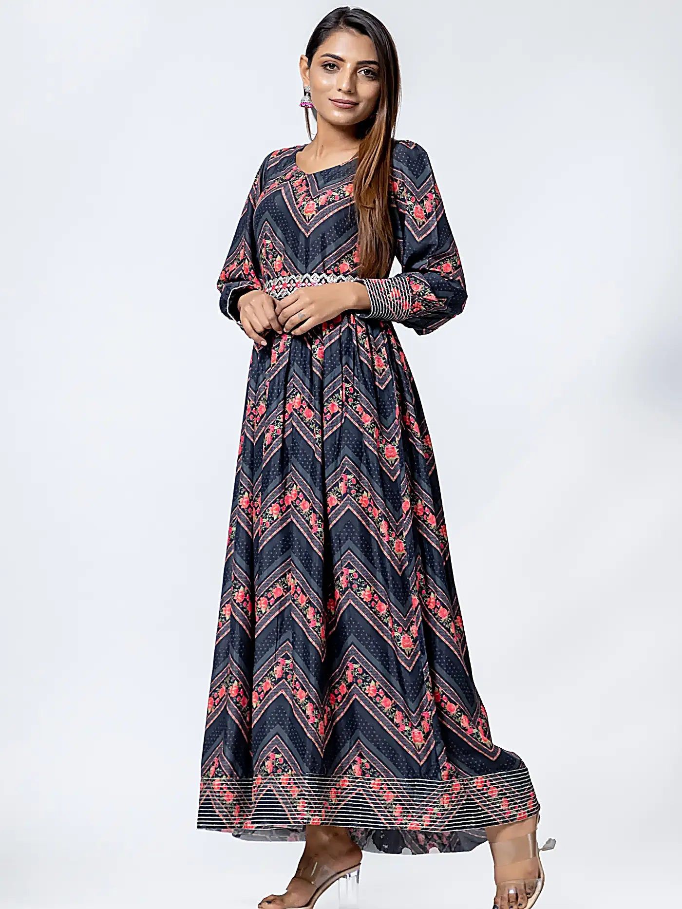 Black Floral Sequins Anarkali Muslin Dress