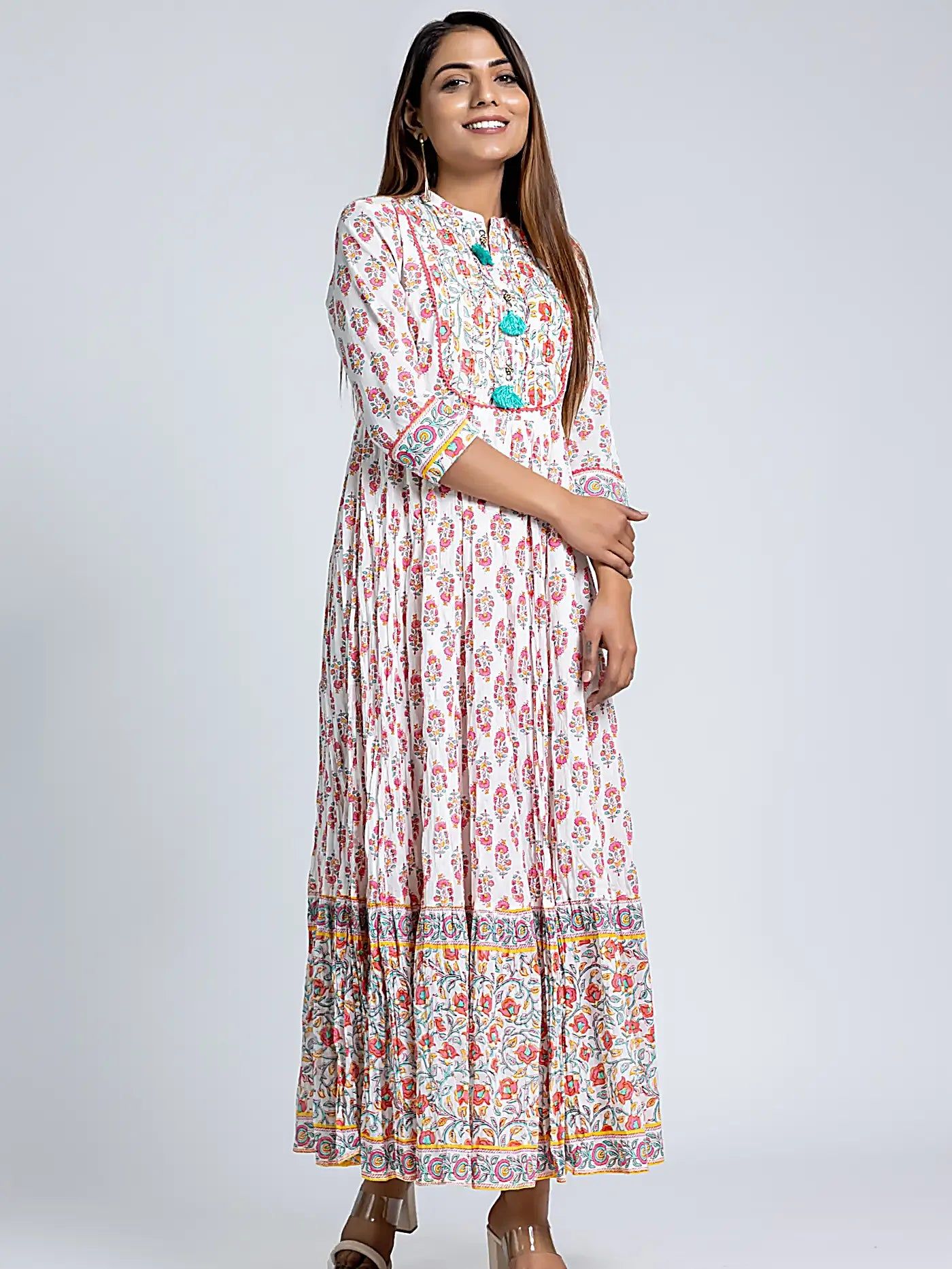 White Gota Patti Block Print Cotton Dress