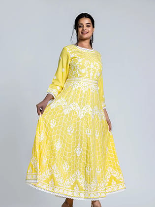 Yellow Embroidered A-Line Cotton Long Dress