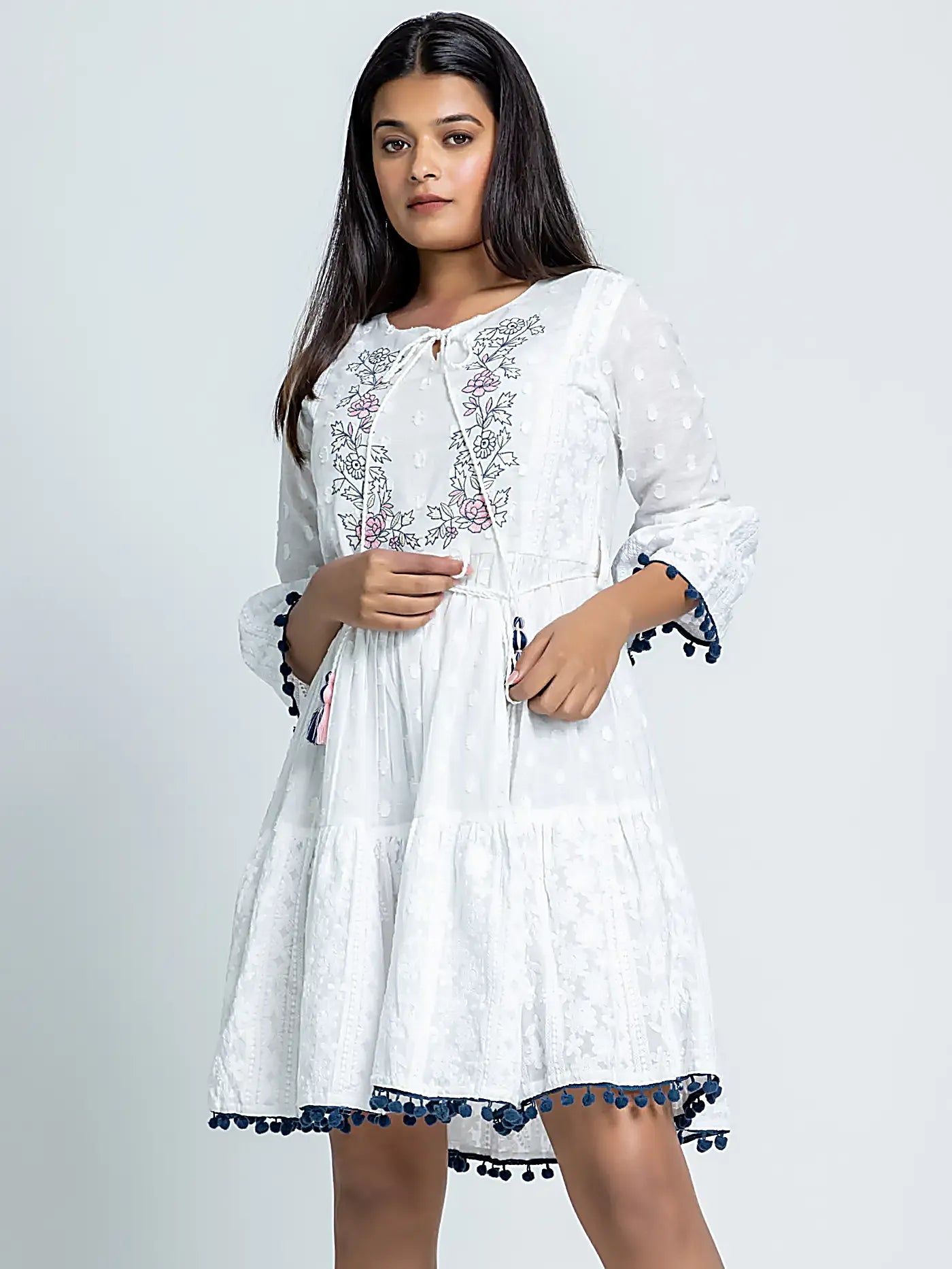 White Embroidered Cotton Short Dress