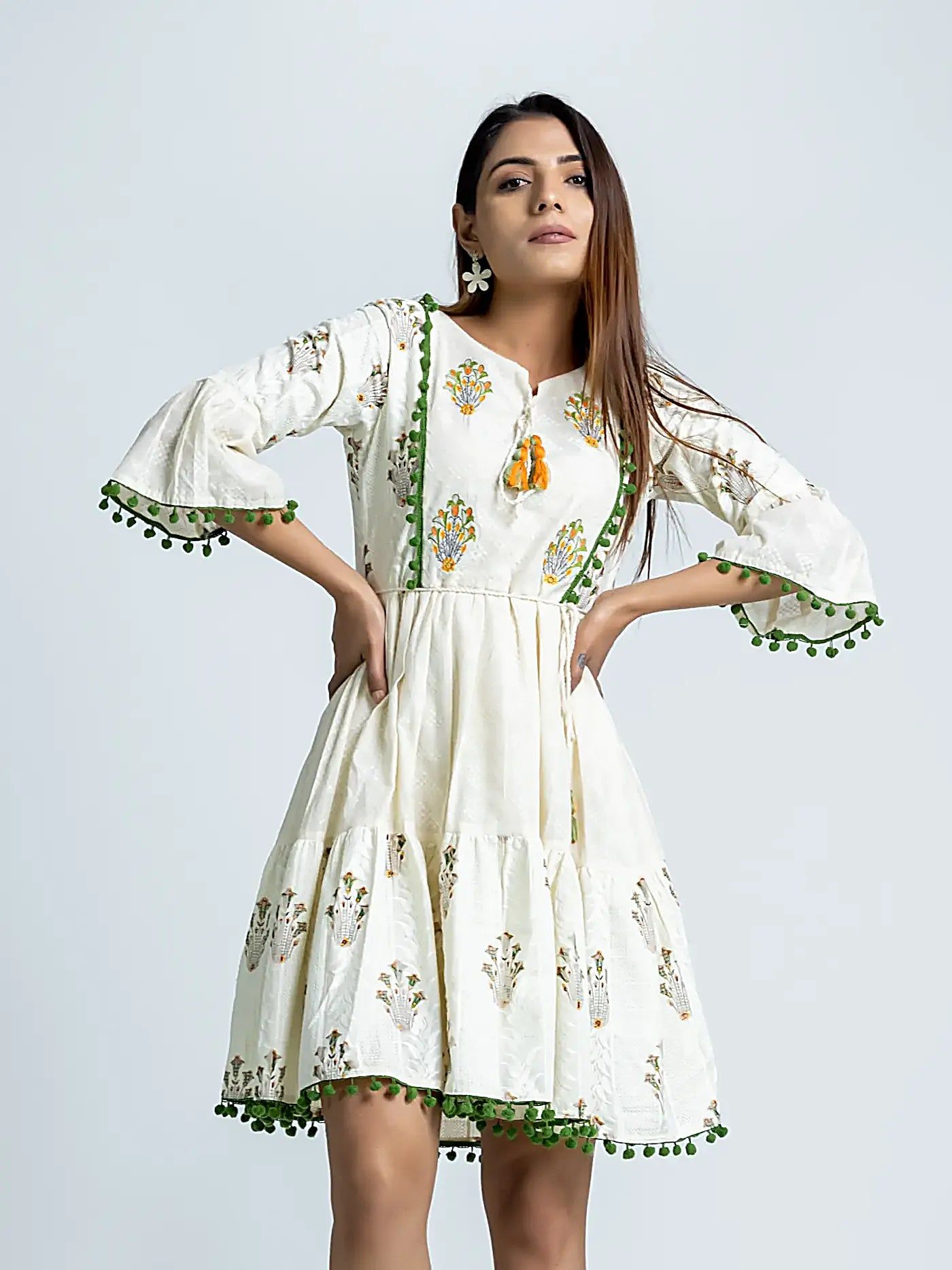 Off White Embroidered Hand Painted Cotton Dress