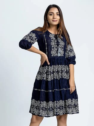 Black-Blue Embroidered Cotton Short Dress