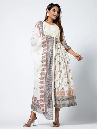 White Embroidered Floral Cotton Long Midi Dress