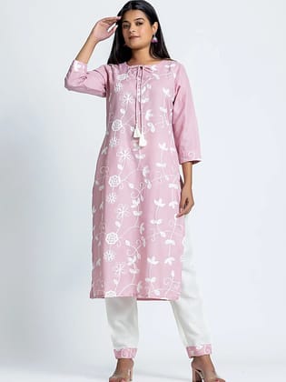 Pink Embroidered Straight Cotton Kurta Set