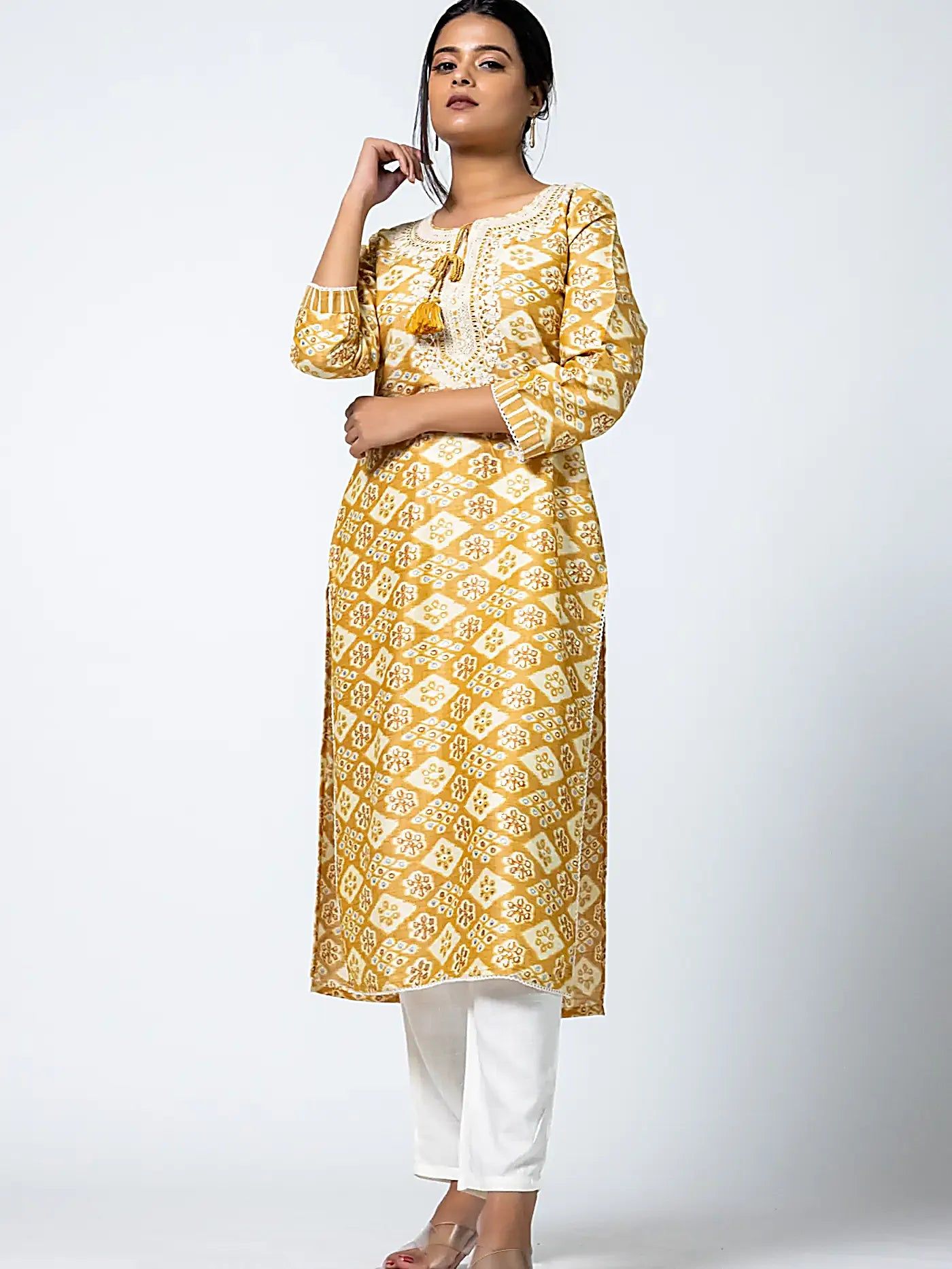 Mustard Embroidered Straight Muslin Kurta Set