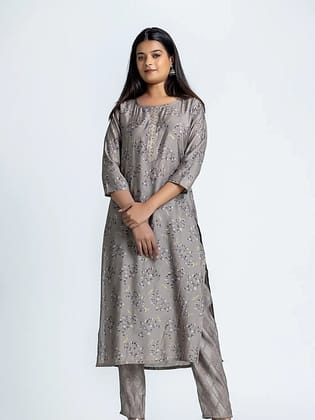 Grey Straight Floral Muslin Kurti