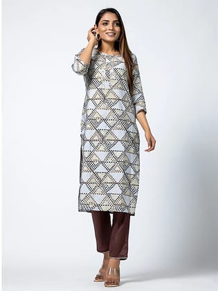 Grey Embroidered Straight Muslin Kurti