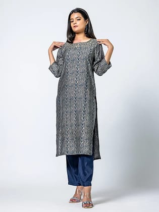 Grey Embroidered Straight Muslin Kurti