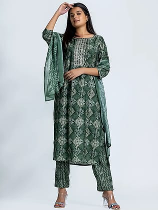 Green Batik Embroidered Straight Muslin Suit