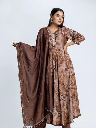 Brown Abstract Print Embroidered A-Line Muslin Suit