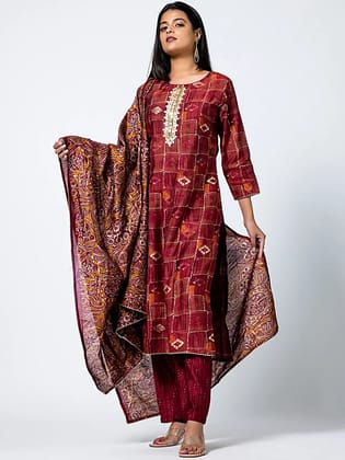 Maroon Abstract Leather work Muslin Suit