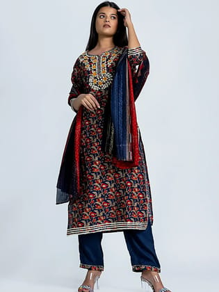 Blue Floral Gota Patti Straight Muslin Suit