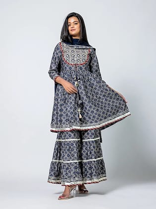 Blue Block Print Gota Patti with Sharara Dress Cotton Suit