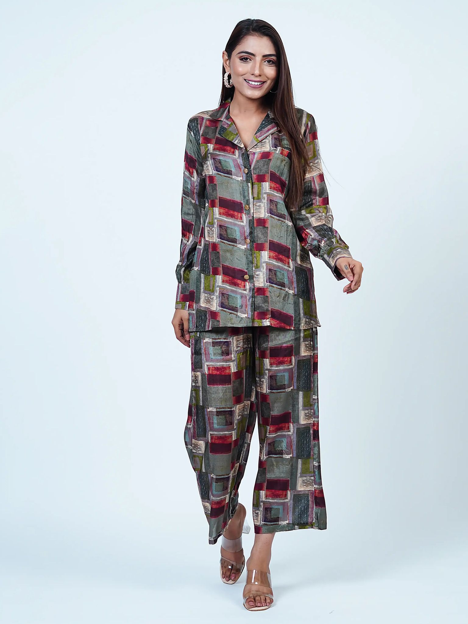 Grey Abstract Print Muslin Coord Set