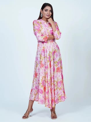 Pink Floral Pure Muslin Long Dress