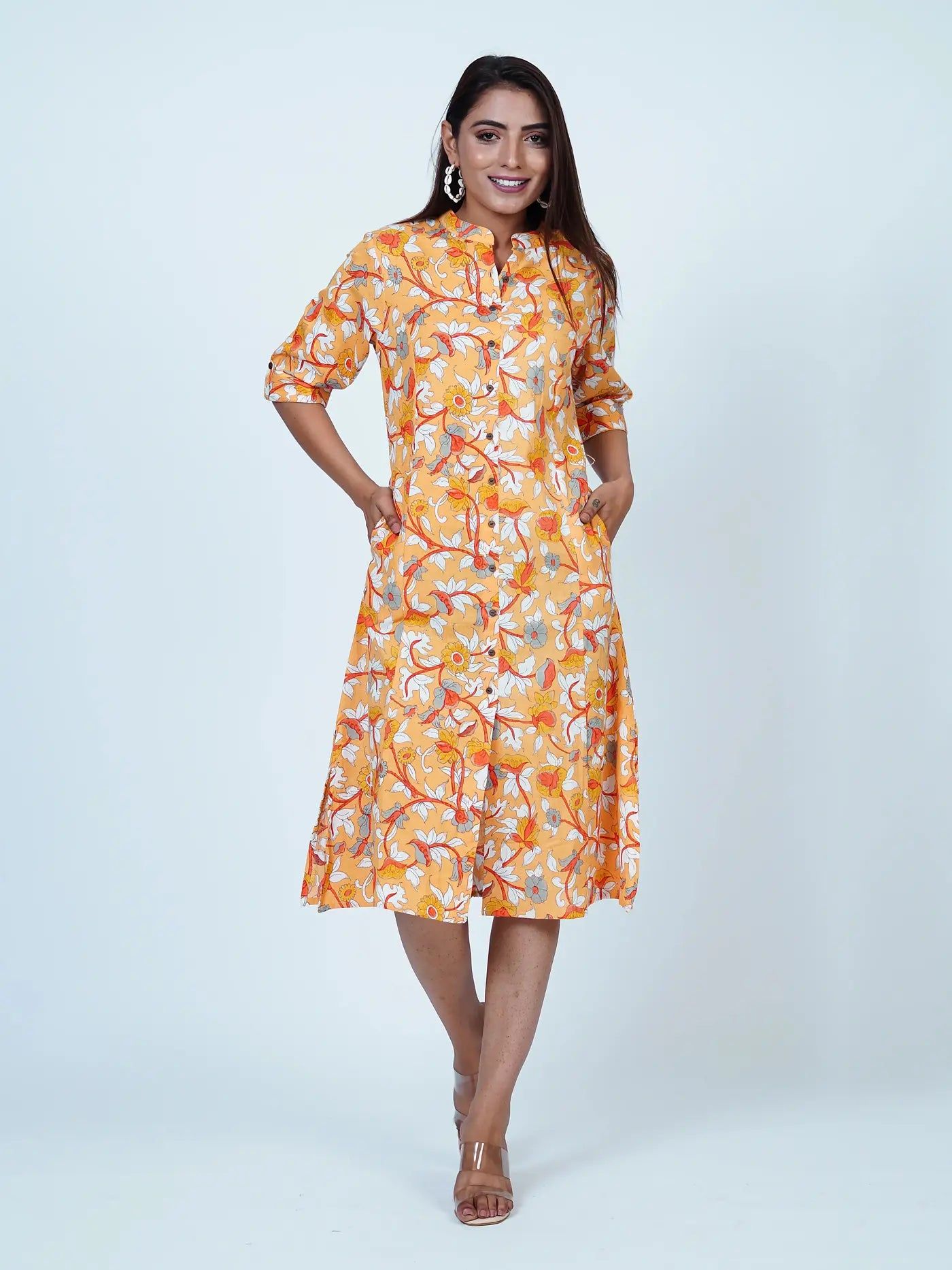 Mustard Floral Cotton Midi Dress