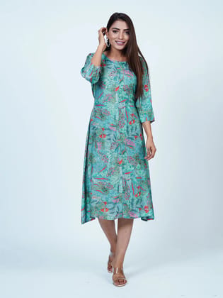 Blue Floral Pure Muslin Midi Dress