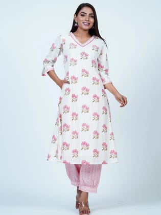 White Embroidered A-Line Cotton Kurta Set with Afghani Salwar