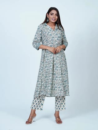 Blue Floral Cotton Kurta Set