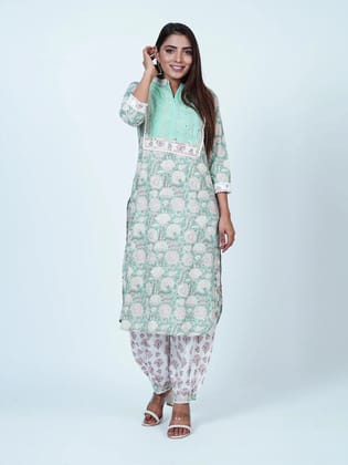 Green Floral Cotton Pathani Kurta Set with Afghani Salwar