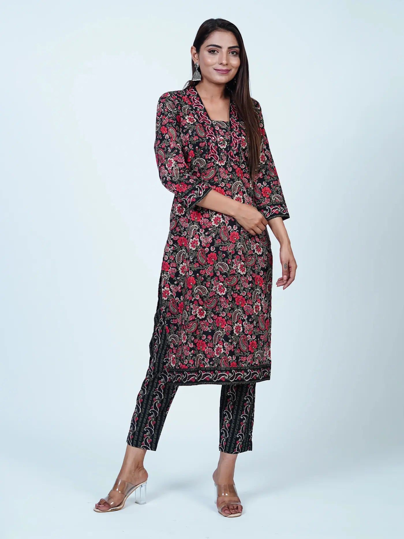 Black Floral Cotton Kurta Set