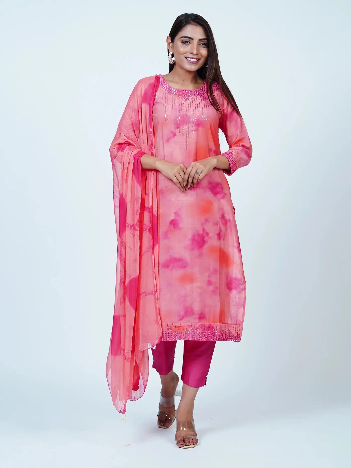 Pink Embroidered Muslin Tie Dye Suit Set