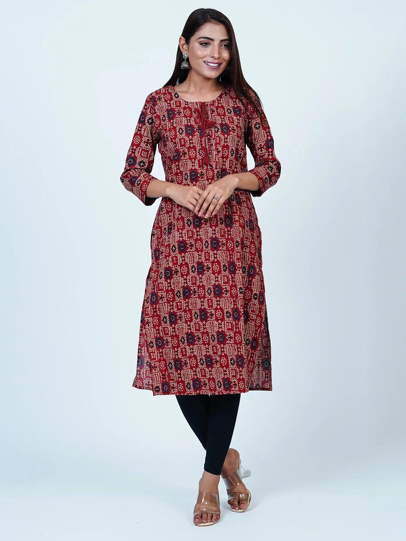 Maroon Embroidered Straight Floral Cotton Kurti