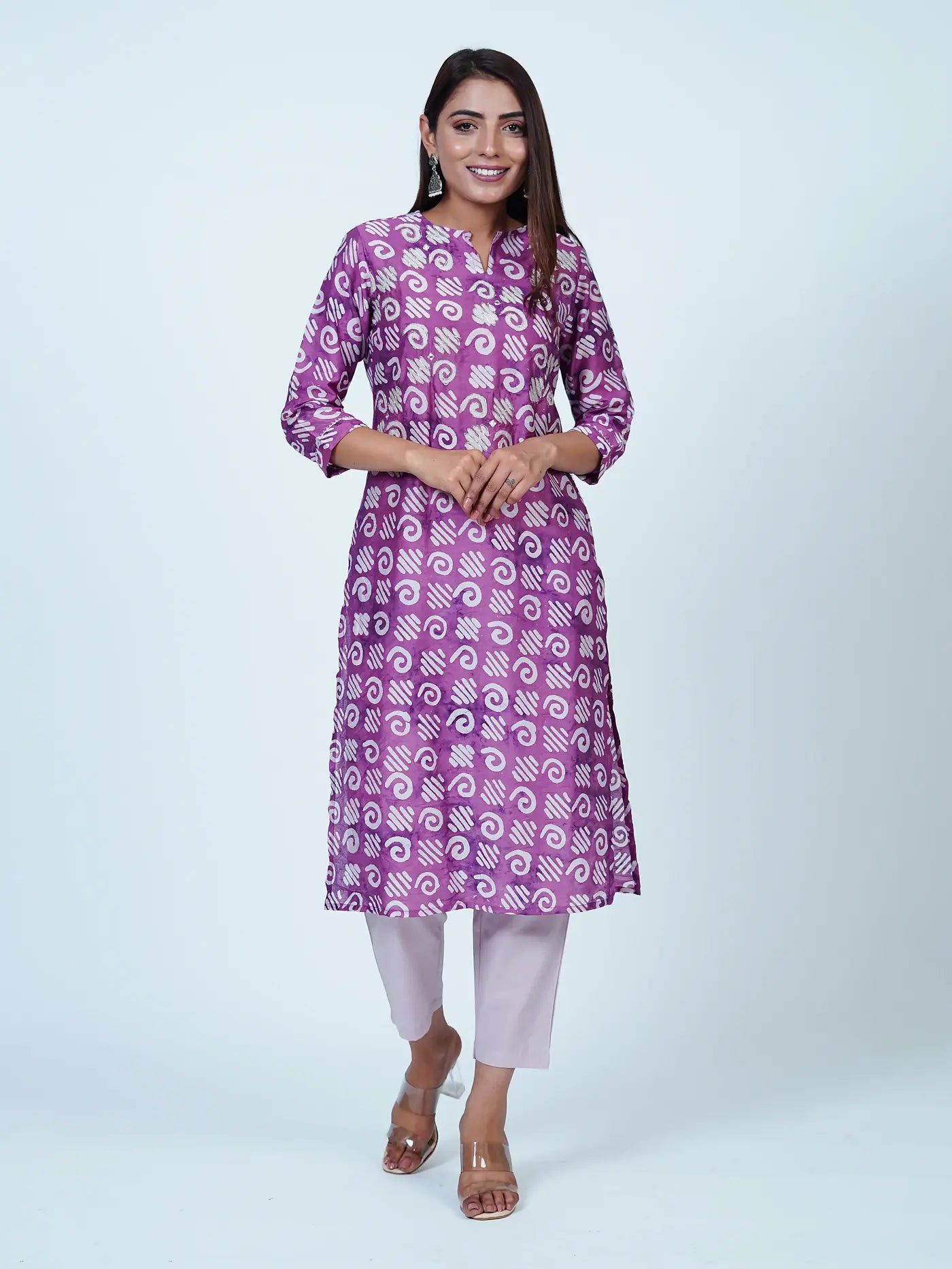 Lilac Embroidered Straight Abstract Muslin Kurti