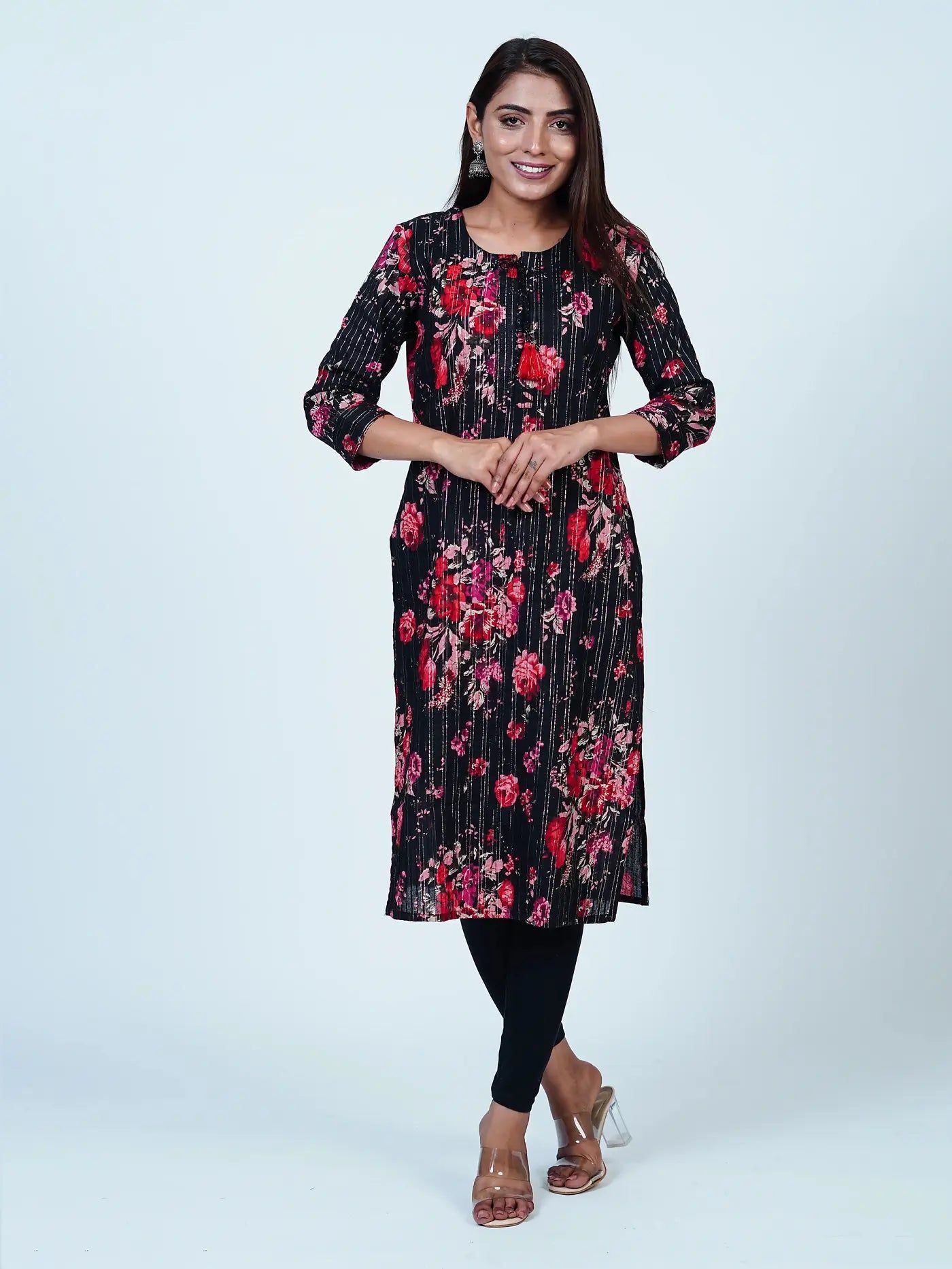 Black Embroidered Straight Floral Cotton Kurti