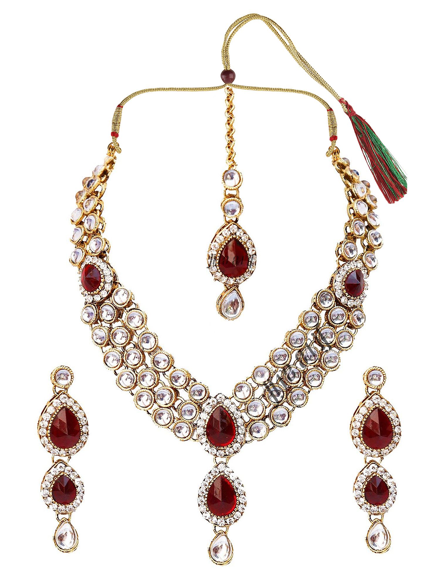 LIVE EVIL Necklace set for Women Handmade Red Kundan Stone work Gold Plated Necklace Maang Tika with Earring Set Fashion Jewellery for Women Girls |Cubic Zirconia CZ| Traditional |Wedding | Bridal