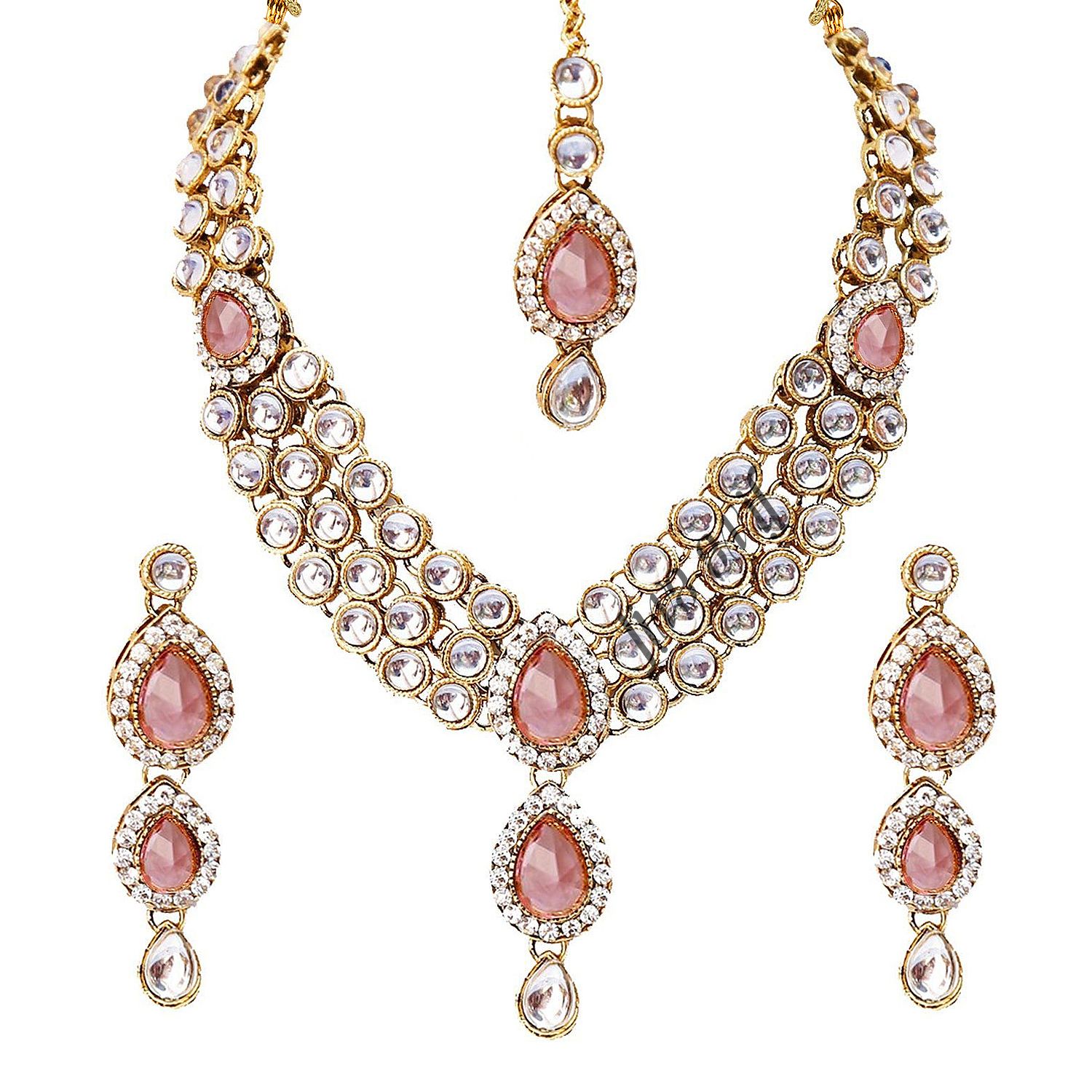 LIVE EVIL Necklace set for Women Handmade Pink Kundan Stone work Gold Plated Necklace Maang Tika with Earring Set Fashion Jewellery for Women Girls |Cubic Zirconia CZ| Traditional |Wedding | Bridal