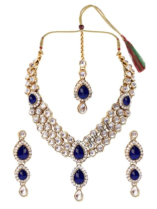 LIVE EVIL Necklace set for Women Handmade Blue Kundan Stone work Gold Plated Necklace Maang Tika with Earring Set Fashion Jewellery for Women Girls |Cubic Zirconia CZ| Traditional |Wedding | Bridal