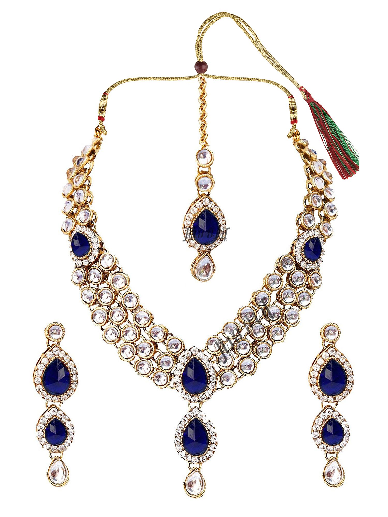 LIVE EVIL Necklace set for Women Handmade Blue Kundan Stone work Gold Plated Necklace Maang Tika with Earring Set Fashion Jewellery for Women Girls |Cubic Zirconia CZ| Traditional |Wedding | Bridal