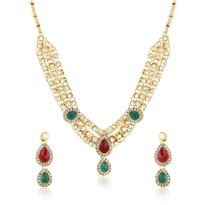 LIVE EVIL Necklace set for Women Handmade Red & Green Kundan Stone work Gold Plated Necklace with Earring Set Fashion Jewellery for Women Girls |Cubic Zirconia CZ| Traditional |Wedding Engagement