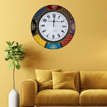 HERITAGE DIVINE Wooden Flore Unique Multicolor Design Wall Clock Round Handcrafted Handpainted Rajasthani Showpeace Wall Clock 18 * 18 (a1358)