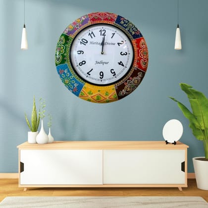 HERITAGE DIVINE Wooden Flore Unique Multicolor Design Wall Clock Round Handcrafted Handpainted Rajasthani Showpeace Wall Clock 18 * 18 (g258)