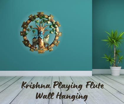 The Heritage Divine Krishna Playing Flute/Bansuri Wall Hanging | Showpiece | Wall Hanging | Home Decor (Desigen- 2, Multicolour)