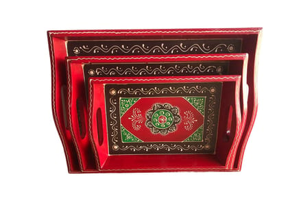 The HERITAGE DIVINE Wooden Serving Tray Rajasthani Embossed Hand Painting for Tea Coffee Snacks Kitchen Dessert Platter Set of 3 (Standard, Red)