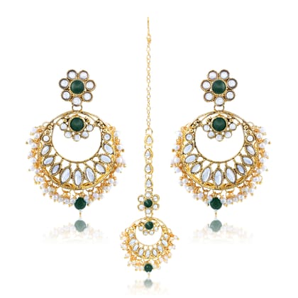 LIVE EVIL Maang Tikka With Earrings Set Gold Green Plated Kundan & Pearl Earring Set with Maang Tikka for Women| Kundan Pearl Drop Fashion Jewellery For Girls | Religious Traditional|Wedding | Bridal