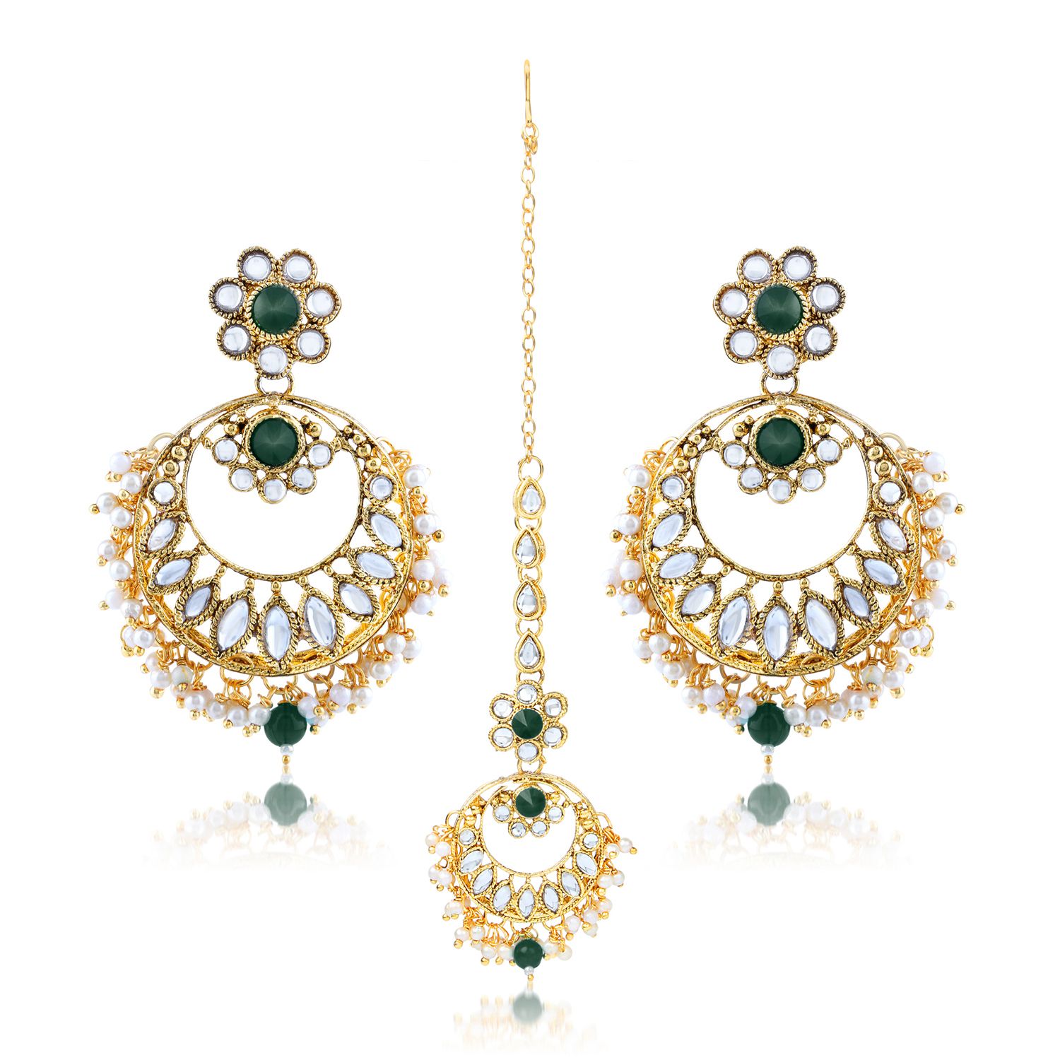 LIVE EVIL Maang Tikka With Earrings Set Gold Green Plated Kundan & Pearl Earring Set with Maang Tikka for Women| Kundan Pearl Drop Fashion Jewellery For Girls | Religious Traditional|Wedding | Bridal