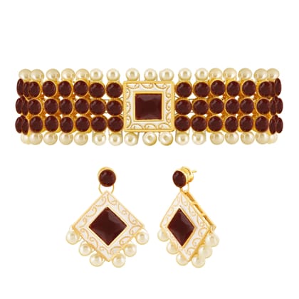 LIVE EVIL Attractive Choker Set for Women Handmade Maroon Beads and Pearl Work Gold Plated Choker with Earring Set Fashion Jewellery for Women Girls |Traditional |Wedding Engagement