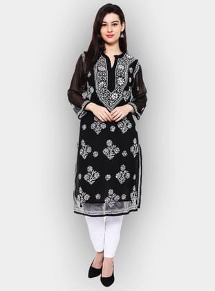 Women's Black Georgette Long Length Lucknow Chikankari Kurti (with Long Length Inner)