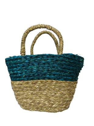 Handcrafted Sabai Grass Utility Bag - (Small) - Blue & Beige