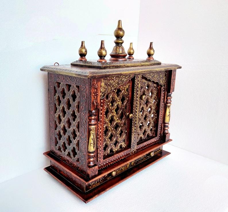 Wood To Cart Beautiful MDF Wooden Copper Temple/Jali Pooja Mandir for Home and Office/Wall Mounted Temple/Puja Stand(Copper - 18x9x22 inches)