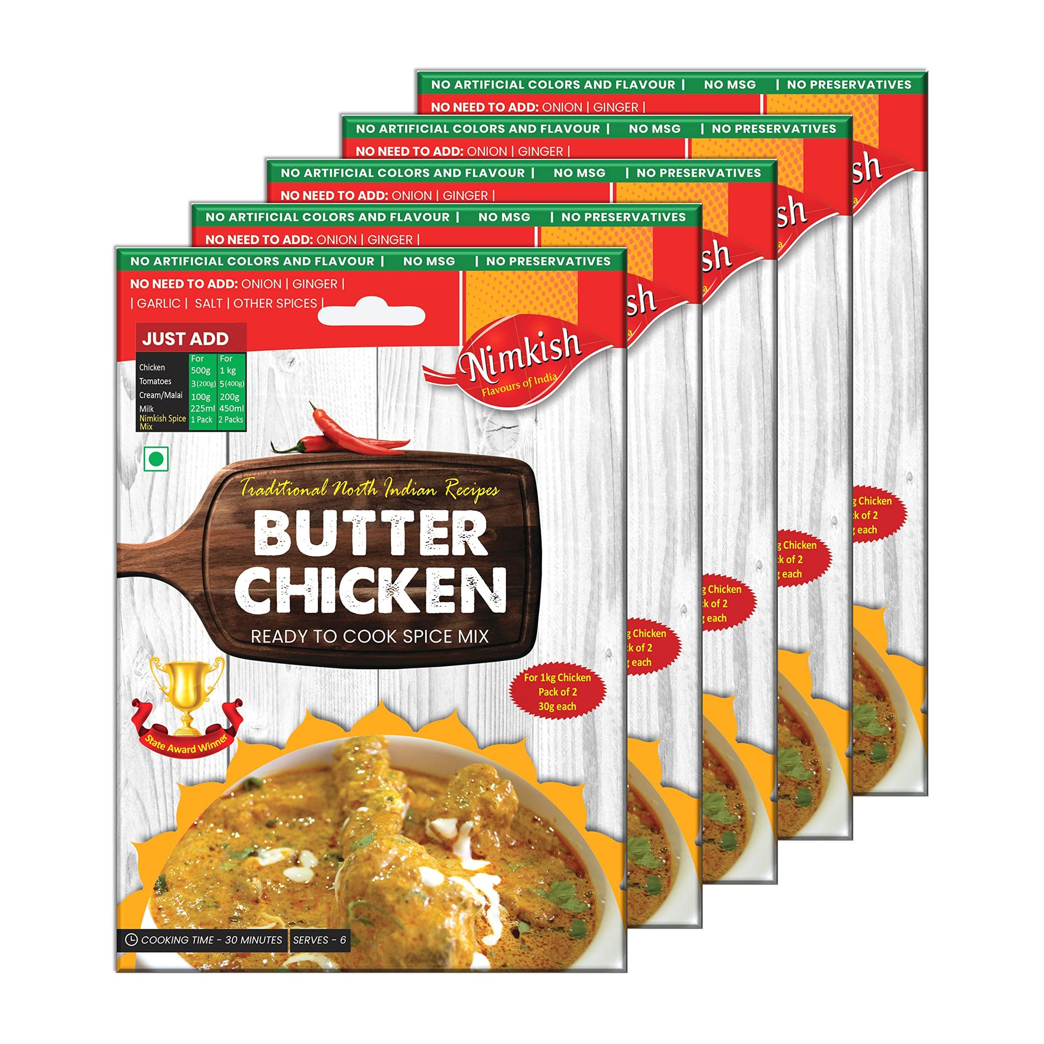 Nimkish Butter Chicken Masala Pack of 5 (60g each), Ready to Cook Spice Mix, Instant Masala for Indian Dishes