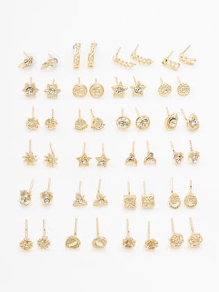 Blee19 18k Pack Of 24 Gold Plated Dailywear AD CZ Studded Stud Tops Earrings For Women