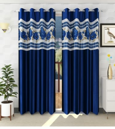 Polyester Abstract Long Crush Eyelet Damask Patch Print 80% Blackout Curtains Parda for Living Room Bedroom, 8 Feet Door, Blue