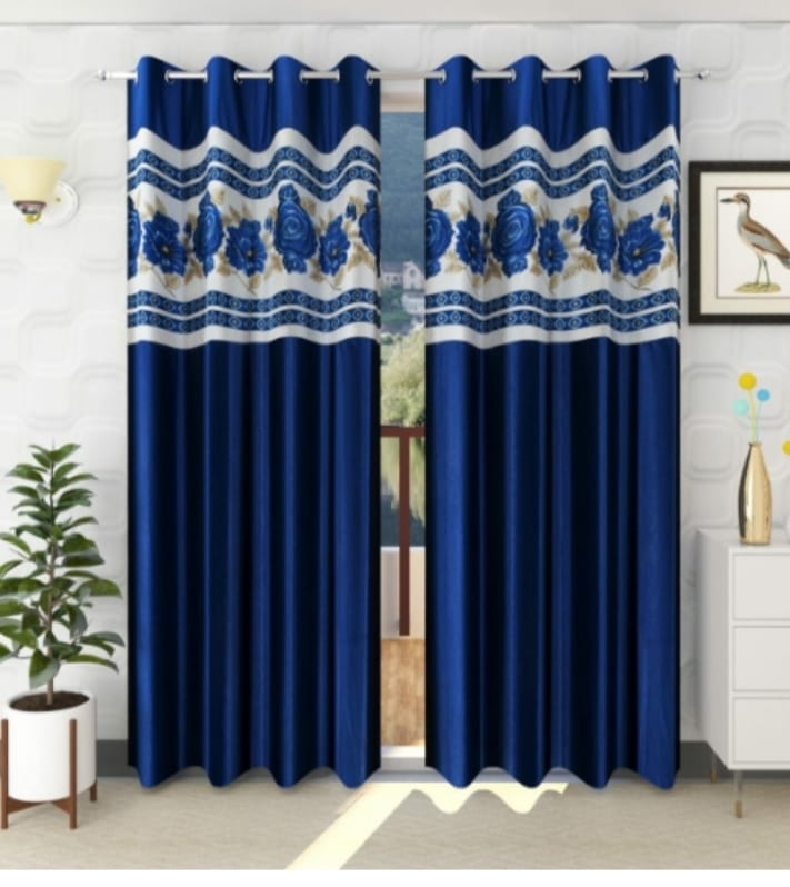 Polyester Abstract Long Crush Eyelet Damask Patch Print 80% Blackout Curtains Parda for Living Room Bedroom, 8 Feet Door, Blue