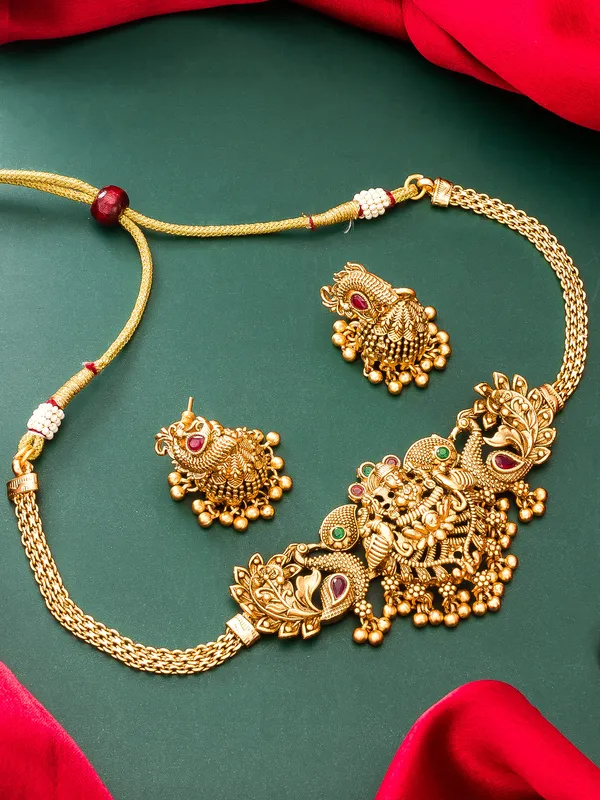 Blee19 Gold-Plated Stones-Studded Beads- Beaded Temple Jewellery Set