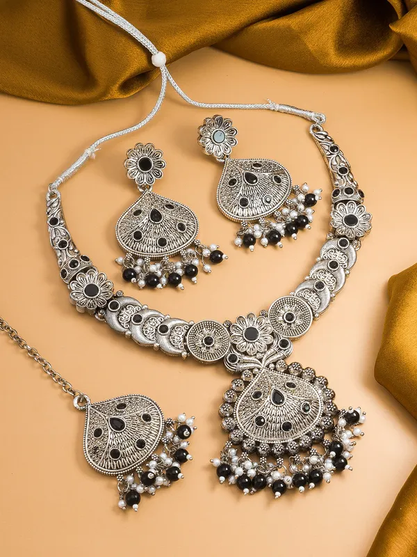 Silver Oxidised Black Temple Choker Jewelry Set for Women